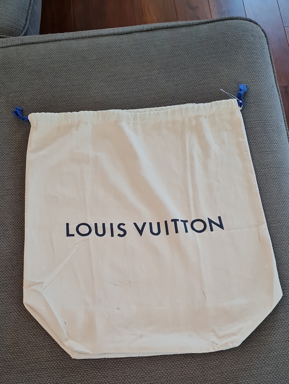 Louis Vuitton Natural Cotton Dust Bag with Blue Logo and Drawstring